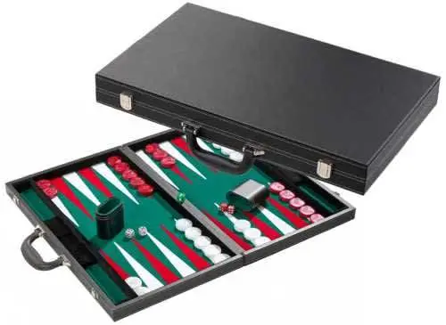 Backgammon Koffer Zw.Gestikt Ingel. Velours Goen/Rood/Wit.38Cm 1