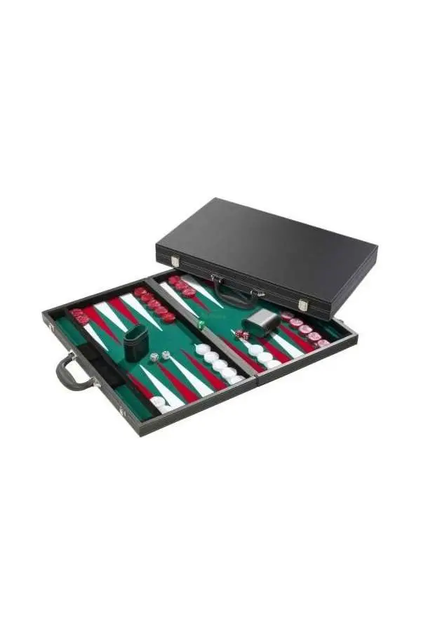 Backgammon Koffer Zw.Luxe Ingel.Velours Groen/Rood/Wit46cm 1
